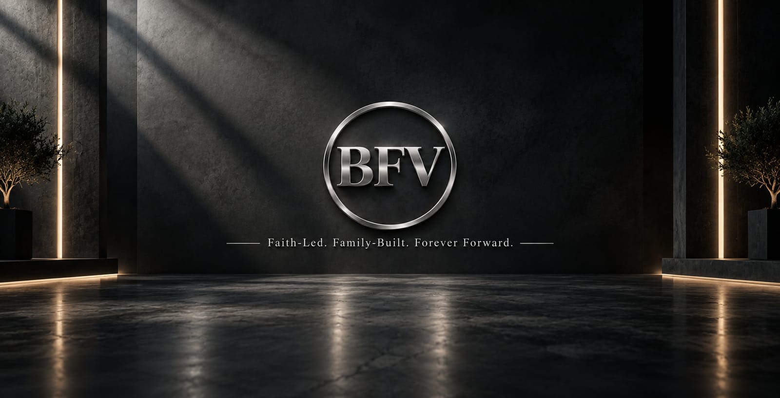 The Bel Faith Ventures emblem on a stone wall, with the words Faith-Led. Family-Built. Forever Forward.